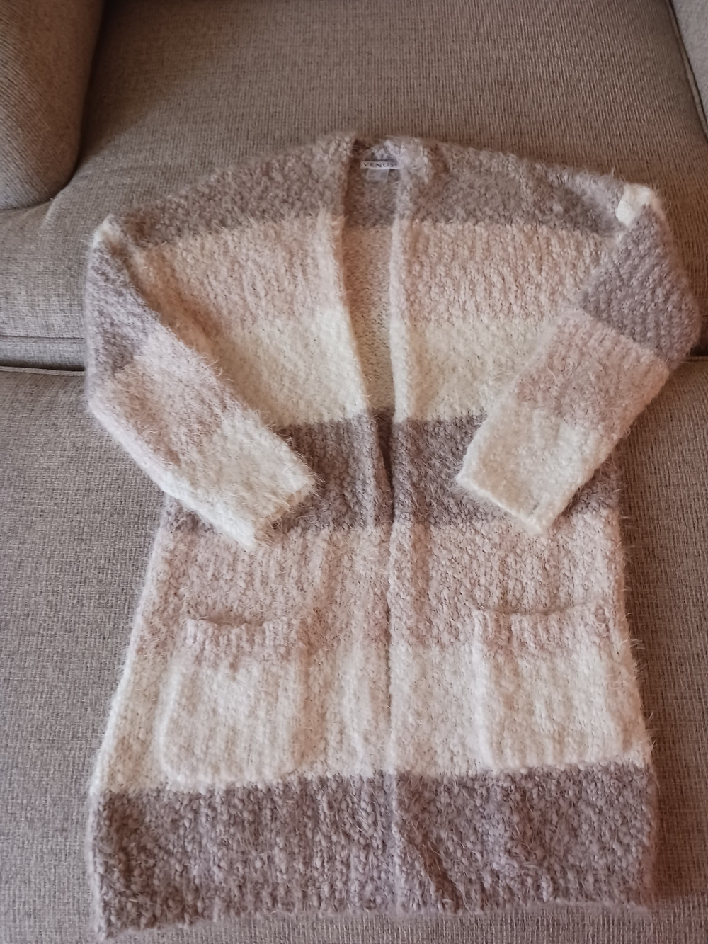 Venus - Cozy Striped Open-Front Long Cardigan Sweater - Cream & Taupe